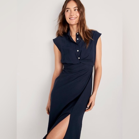 Old Navy Dresses & Skirts - NWT! Navy Blue Waist-Defined Twist-Front Midi Shirt Dress - TALL SIZES